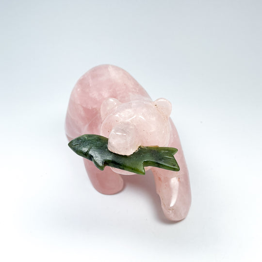 Rose Quartz Bear with Canadian Jade Fish Carving - Rocks and Gems Canada