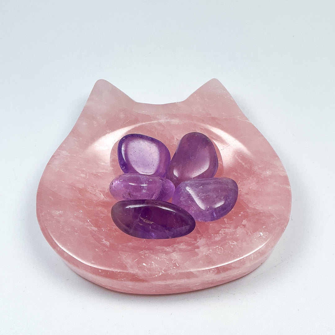 Carved Rose Quartz Cat Bowl - Rocks and Gems Canada