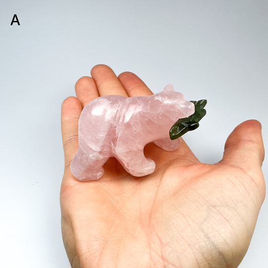 Rose Quartz Bear with Canadian Jade Fish Carving - Rocks and Gems Canada
