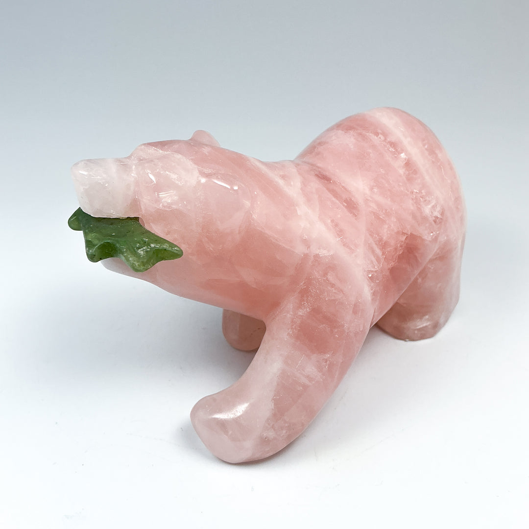 Rose Quartz Bear with Canadian Jade Fish Carving - Rocks and Gems Canada