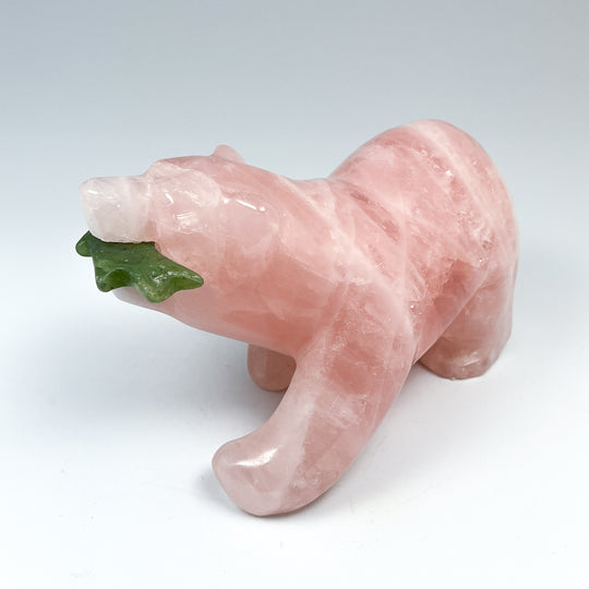 Rose Quartz Bear with Canadian Jade Fish Carving - Rocks and Gems Canada