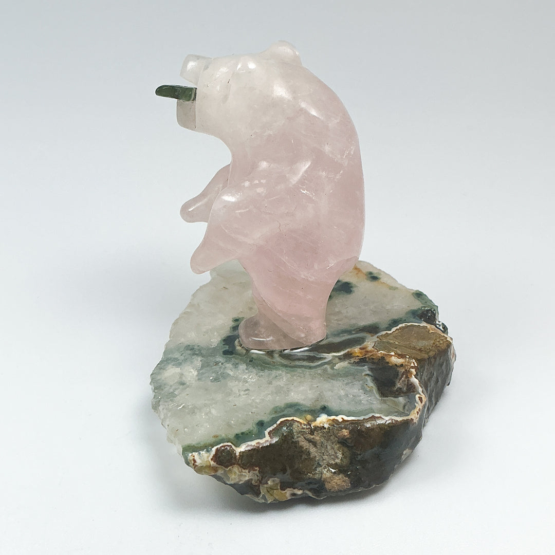 Rose Quartz Bear with Canadian Jade Fish on Agate Base