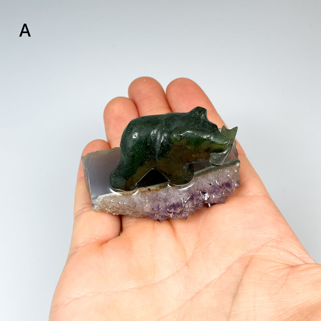BC Jade Bear with Fish on Amethyst Base - Rocks and Gems Canada