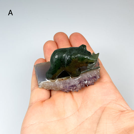 BC Jade Bear with Fish on Amethyst Base - Rocks and Gems Canada