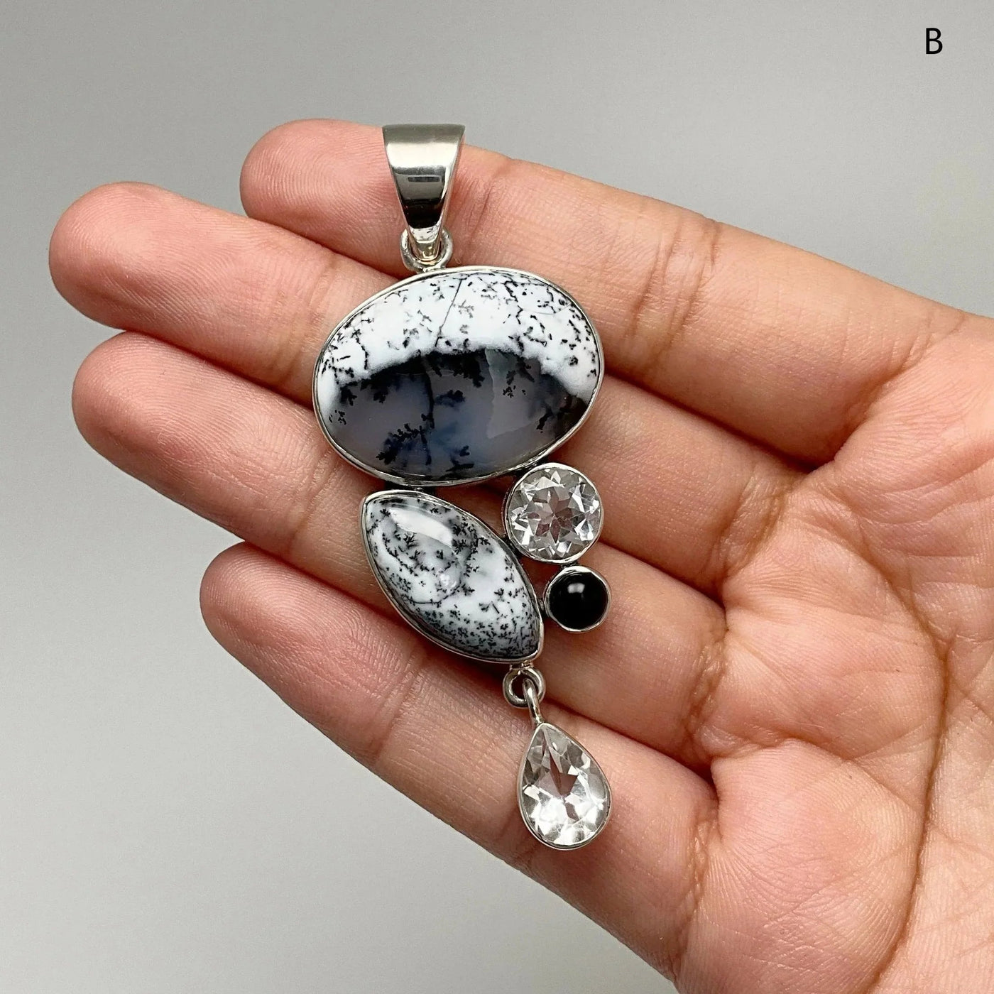Dendritic Opal, Black Onyx and Clear Quartz Pendant