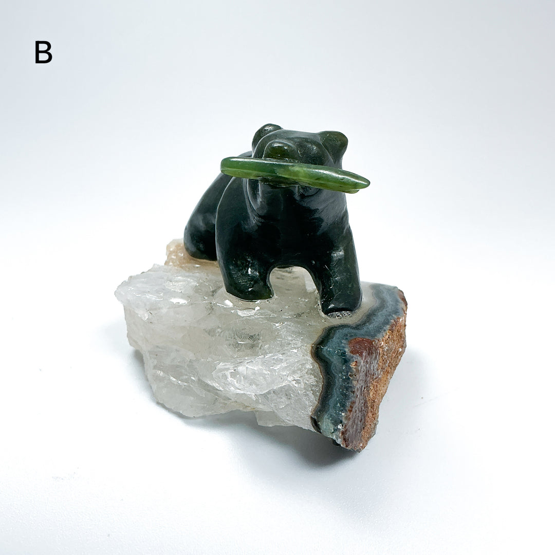 BC Jade Bear with Fish on Quartz Base - Rocks and Gems Canada