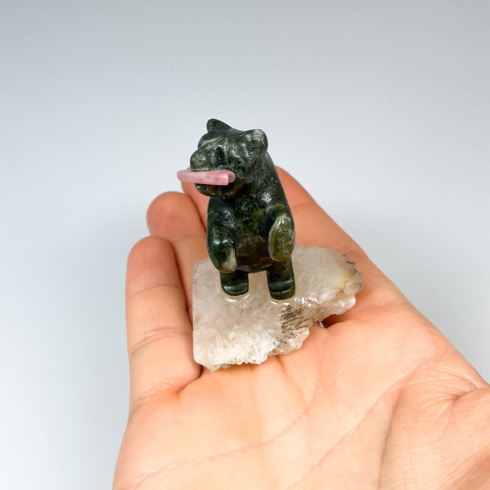 BC Jade Bear with Rhodonite Fish on Quartz Base - Rocks and Gems Canada