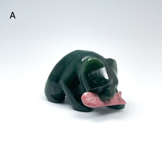 BC Jade Bear with Rhodonite Fish Carving - Rocks and Gems Canada