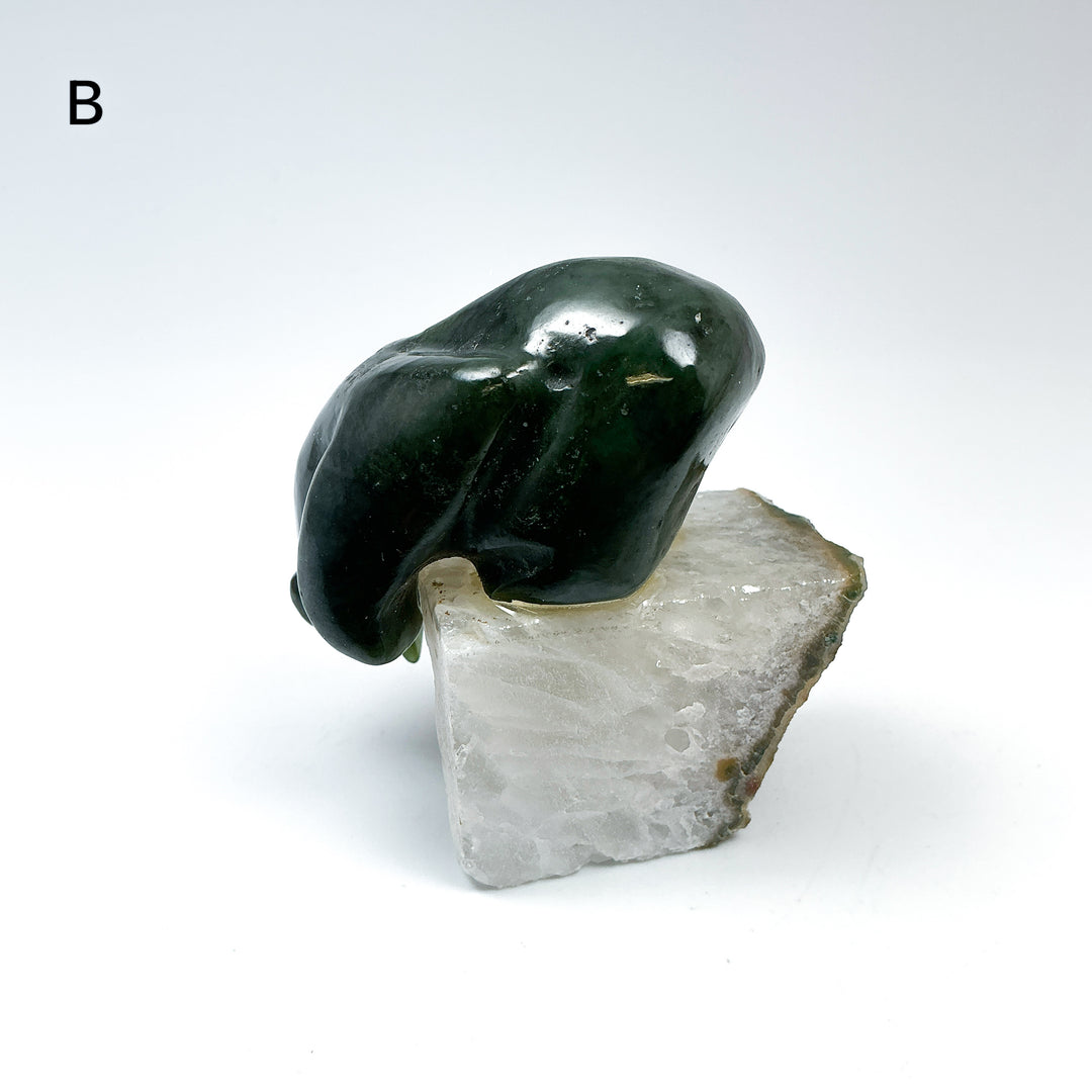 Canadian Jade Bear with Fish Carving On Quartz Base - Rocks and Gems Canada