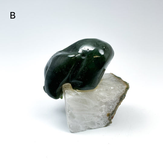 Canadian Jade Bear with Fish Carving On Quartz Base - Rocks and Gems Canada