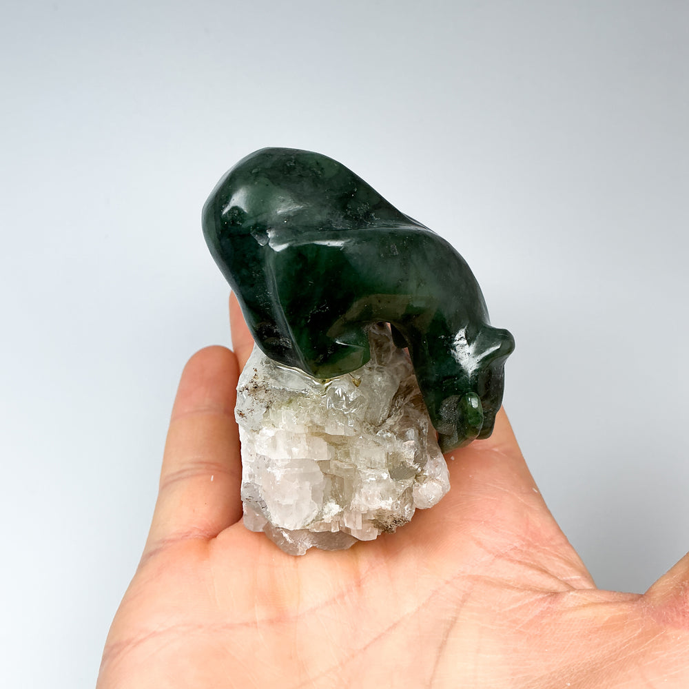 Canadian Jade Bear with Fish Carving On Quartz Base - Rocks and Gems Canada