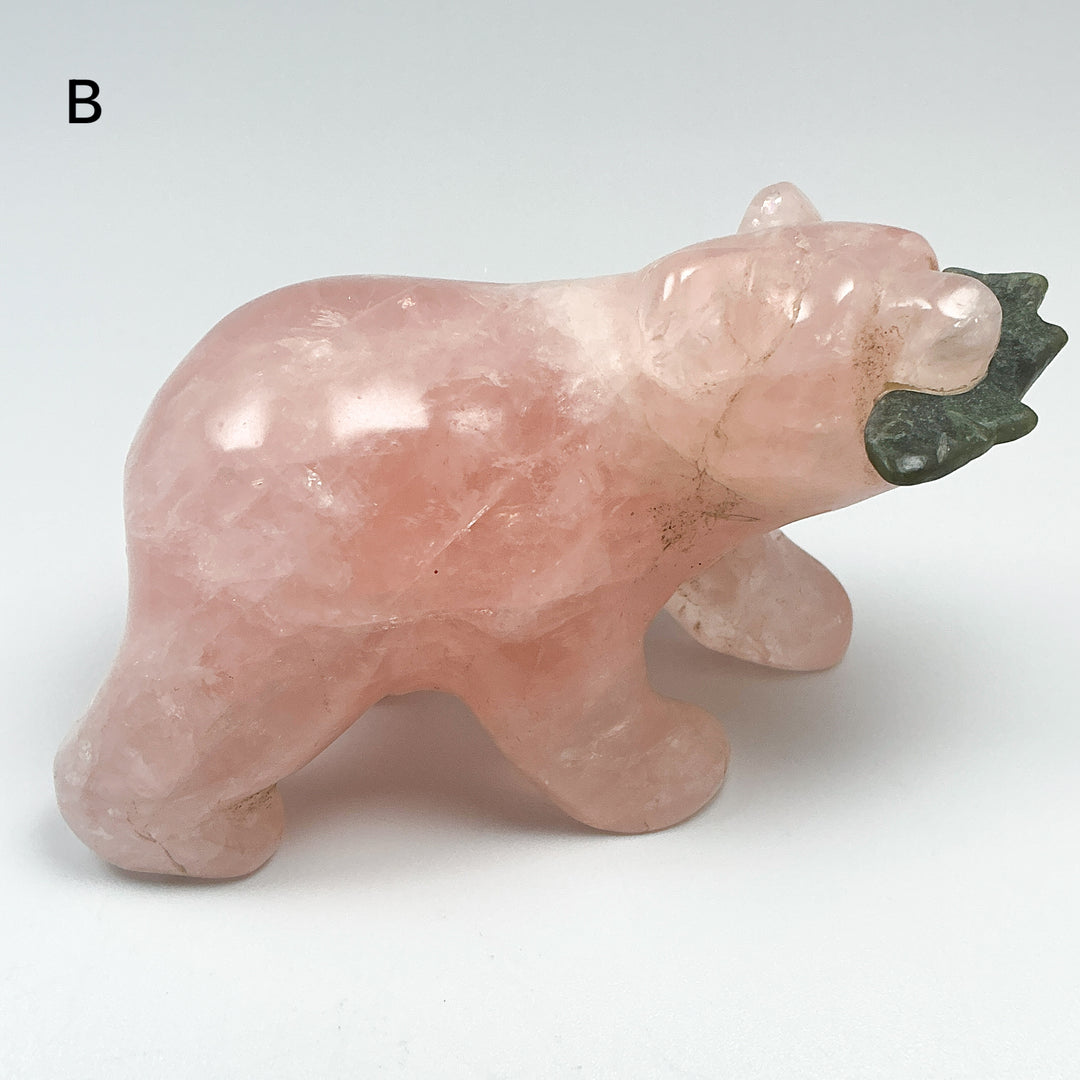 Rose Quartz Bear with Canadian Jade Fish Carving
