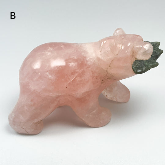 Rose Quartz Bear with Canadian Jade Fish Carving