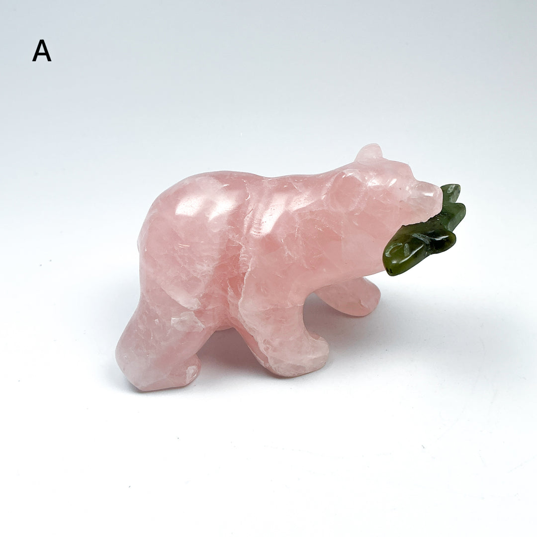 Rose Quartz Bear with Canadian Jade Fish Carving - Rocks and Gems Canada