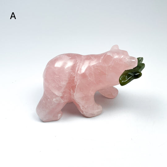 Rose Quartz Bear with Canadian Jade Fish Carving - Rocks and Gems Canada
