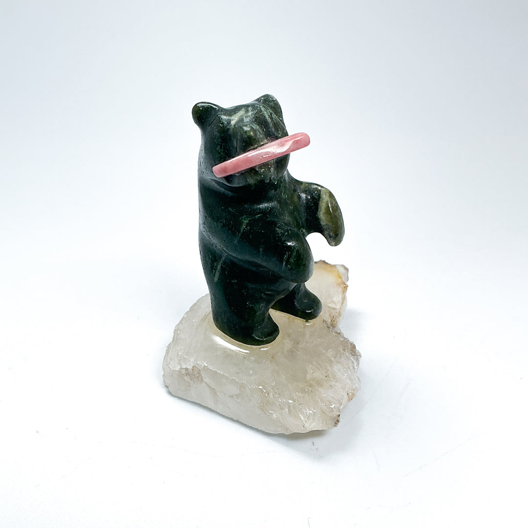 BC Jade Bear with Rhodonite Fish on Quartz Base - Rocks and Gems Canada