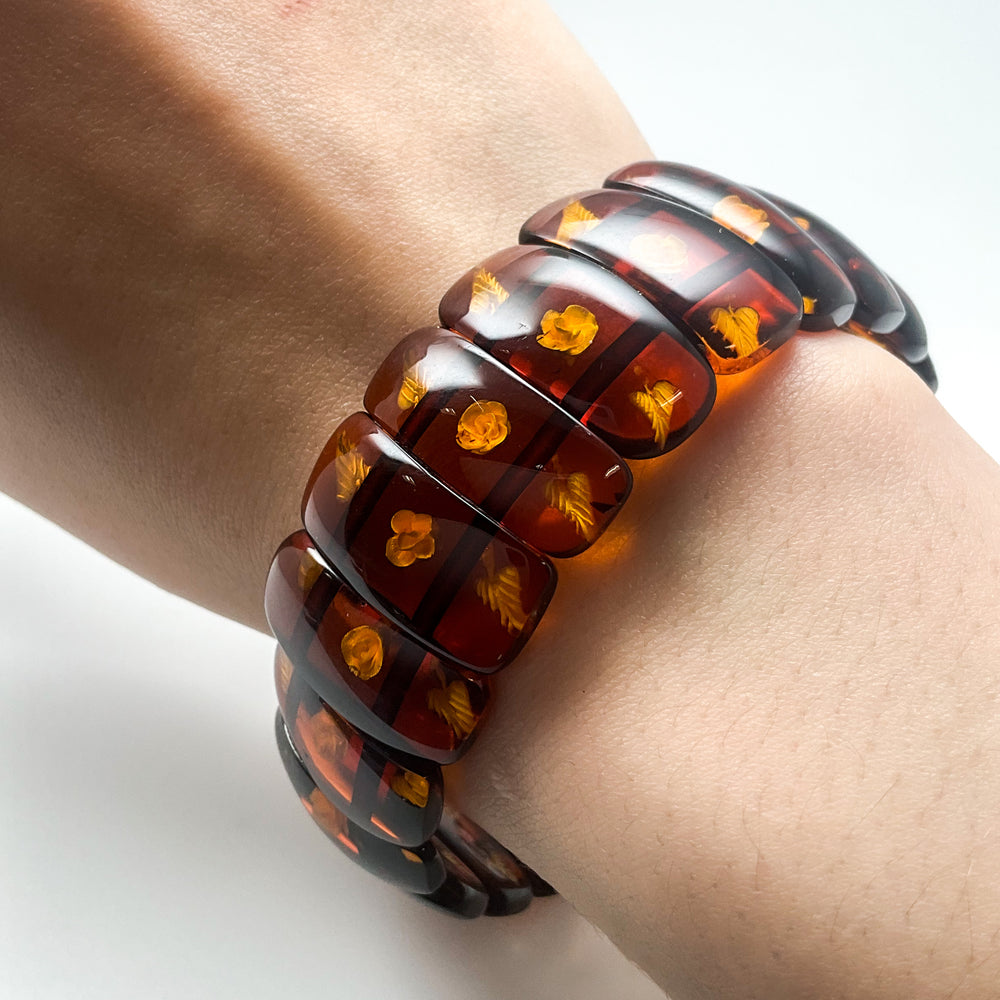Cognac Amber Floral Cameo Beaded Bracelet