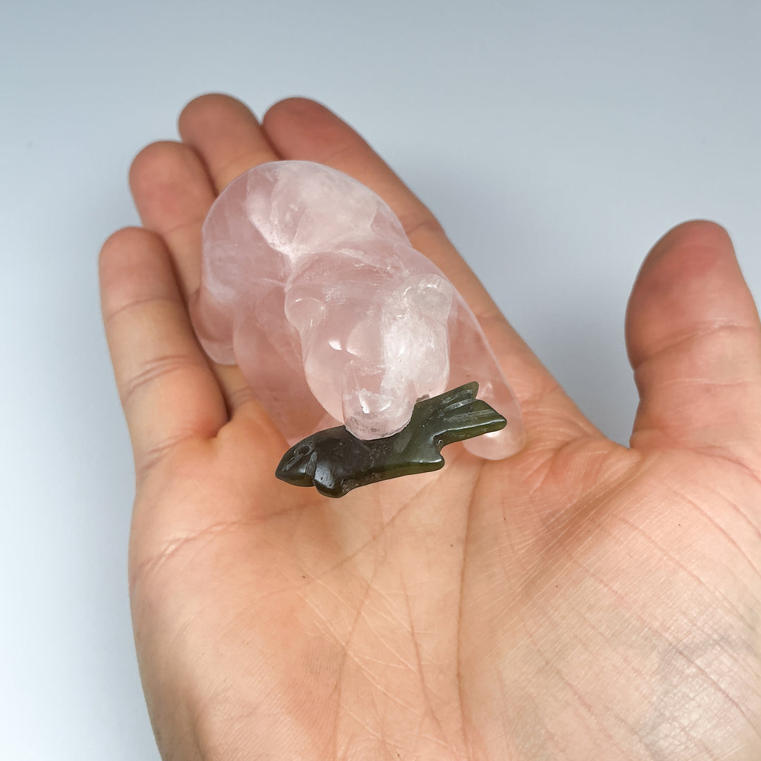 Rose Quartz Bear with Canadian Jade Fish Carving