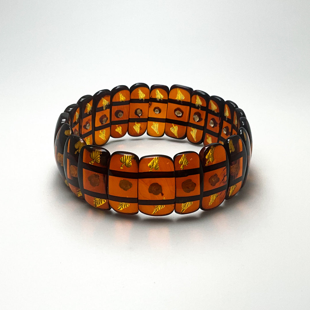 Cognac Amber Floral Cameo Beaded Bracelet
