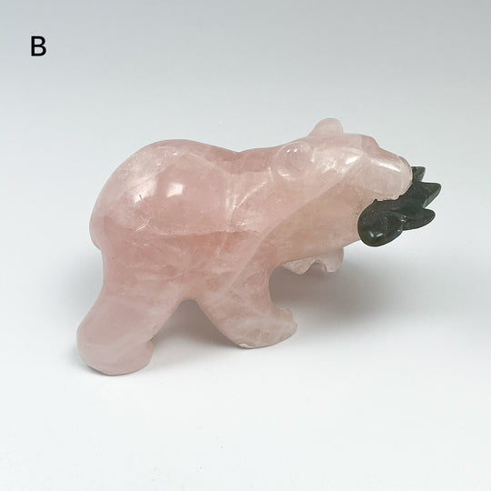 Rose Quartz Bear with Canadian Jade Fish Carving