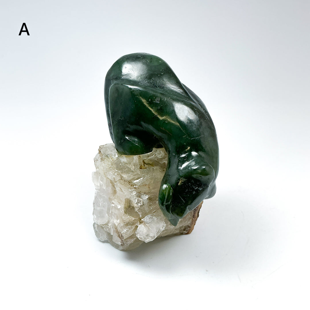 Canadian Jade Bear with Fish Carving On Quartz Base - Rocks and Gems Canada