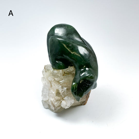 Canadian Jade Bear with Fish Carving On Quartz Base - Rocks and Gems Canada