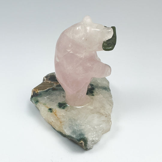 Rose Quartz Bear with Canadian Jade Fish on Agate Base