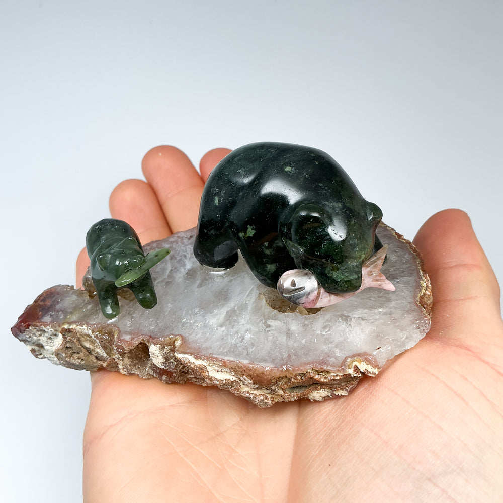 Canadian Jade Bear with Rhodonite Fish Carving On Quartz Base - Rocks and Gems Canada