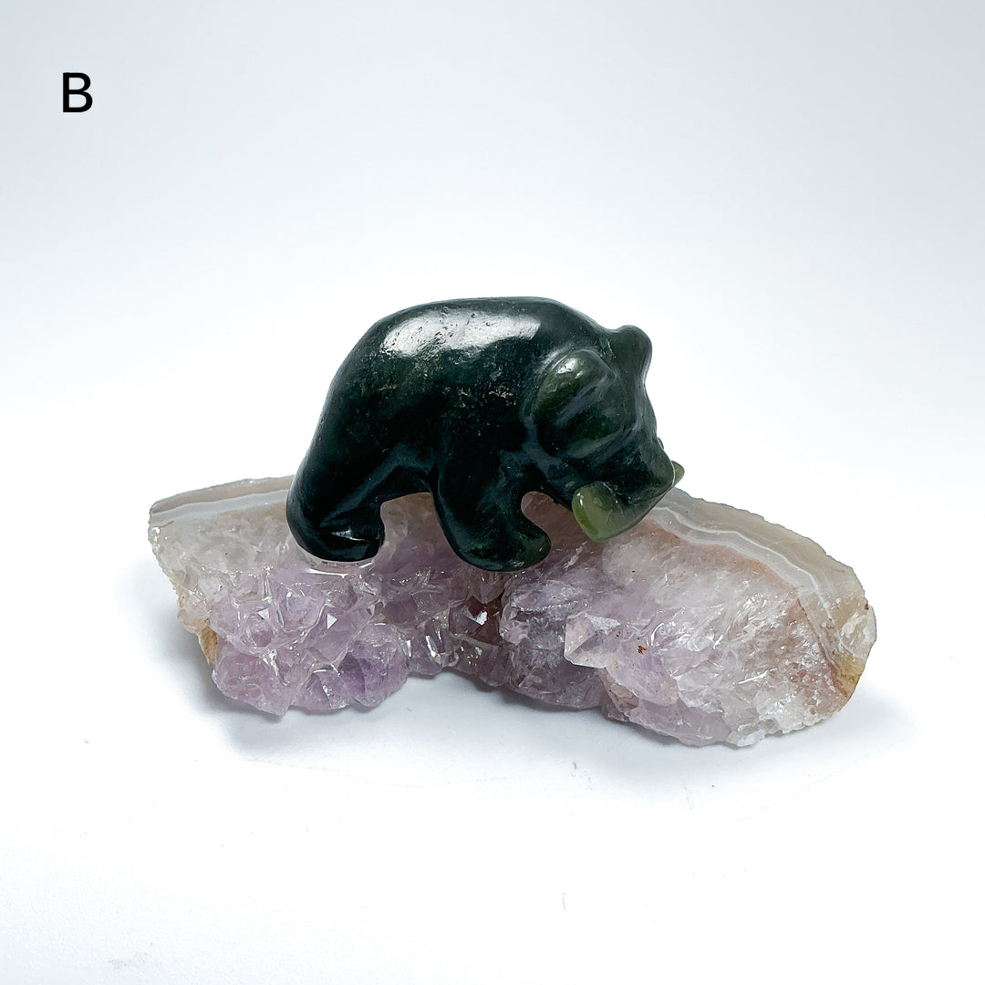 BC Jade Bear with Fish on Amethyst Base - Rocks and Gems Canada