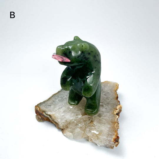 BC Jade Bear with Rhodonite Fish on Quartz Base - Rocks and Gems Canada
