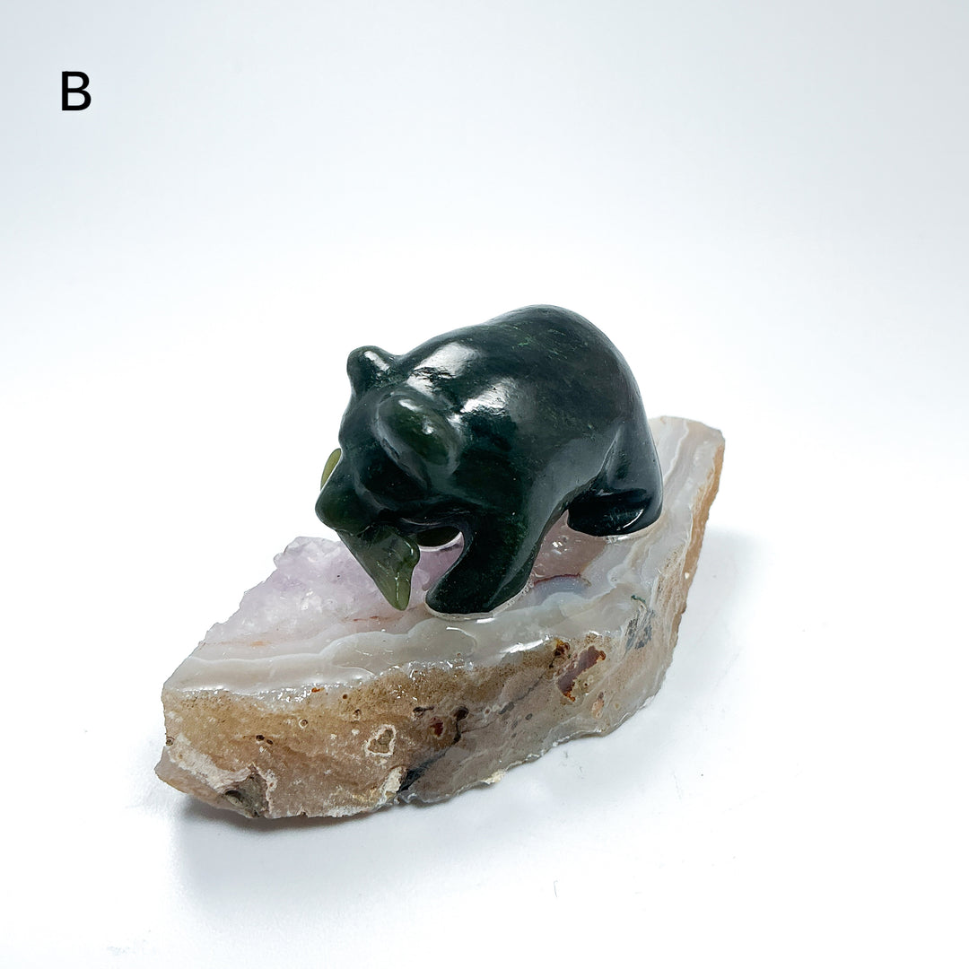 BC Jade Bear with Fish on Amethyst Base - Rocks and Gems Canada