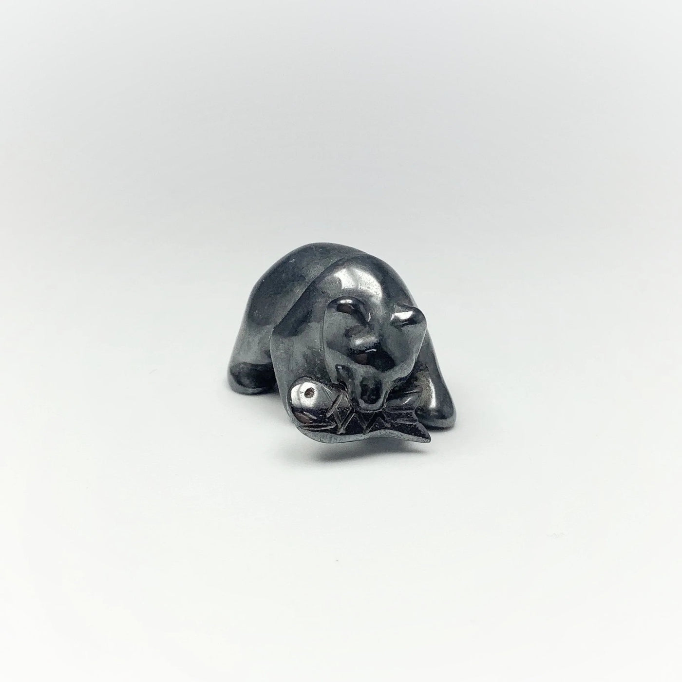 Hematite Bear with Fish Carving