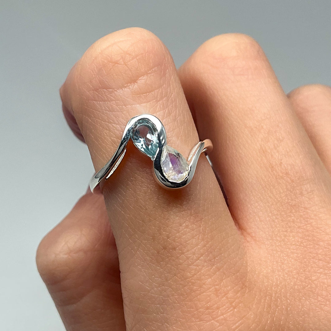 Rainbow Moonstone and Blue Topaz Ring