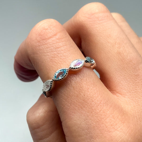Rainbow Moonstone and Blue Topaz Multistone Ring - Rocks and Gems Canada