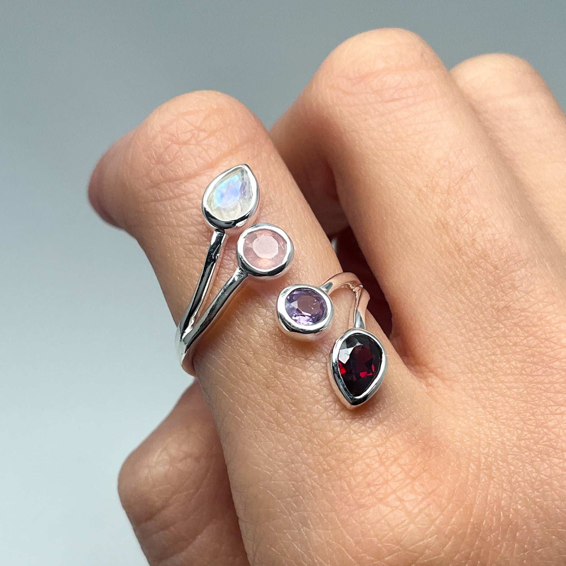 Rainbow Moonstone, Rose Quartz, Amethyst, and Garnet Multistone