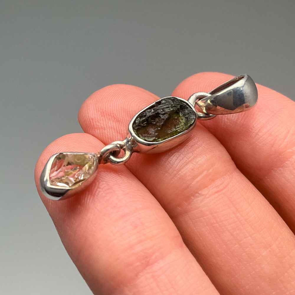 Moldavite and Herkimer Diamond Pendant