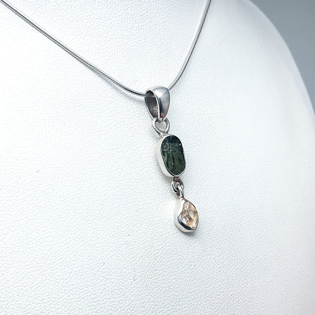 Moldavite and Herkimer Diamond Pendant