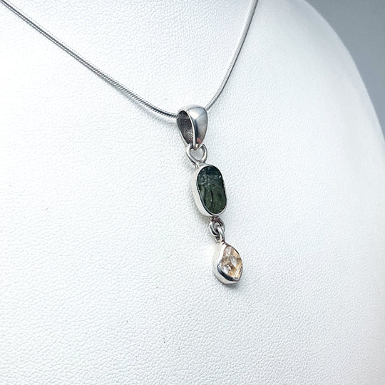 Moldavite and Herkimer Diamond Pendant