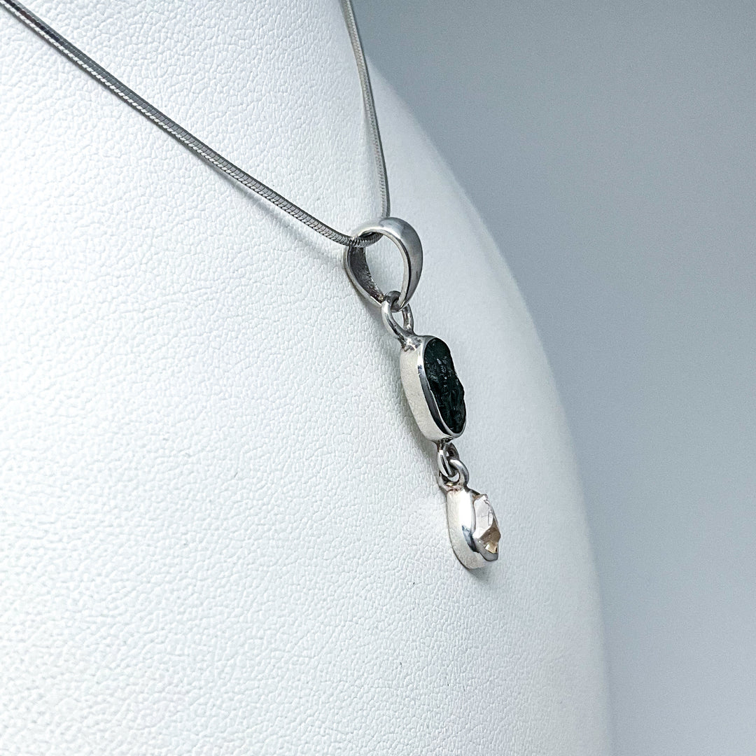 Moldavite and Herkimer Diamond Pendant