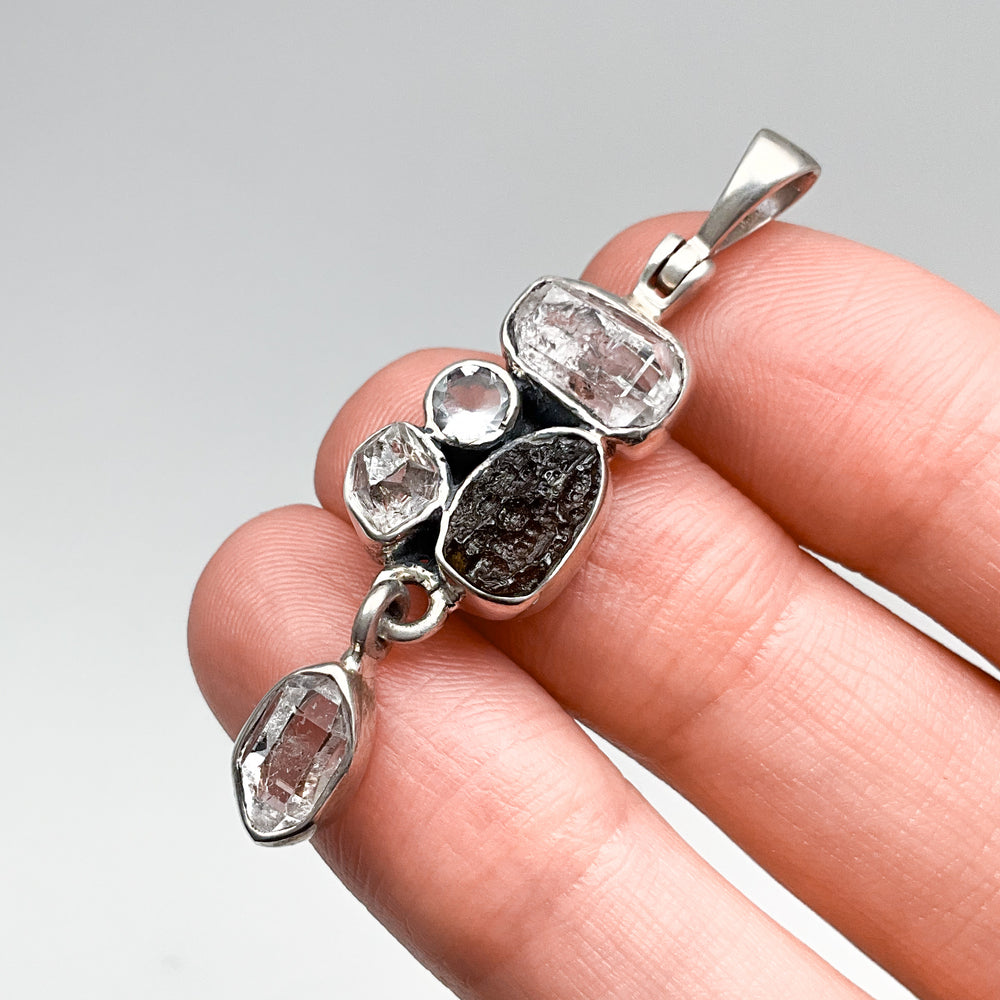 Herkimer Diamond, Moldavite and Quartz Pendant
