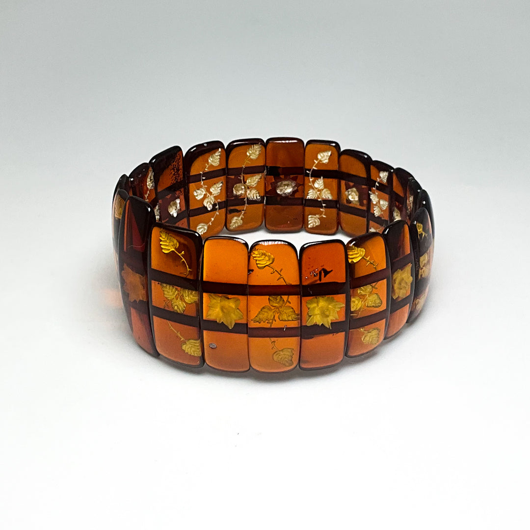 Cognac Amber Floral Cameo Beaded Bracelet
