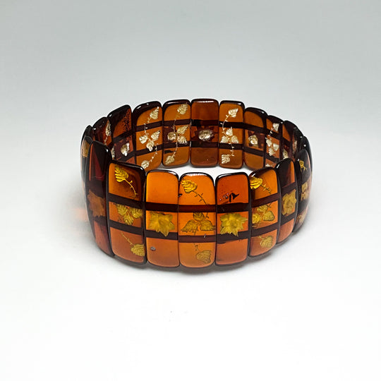 Cognac Amber Floral Cameo Beaded Bracelet