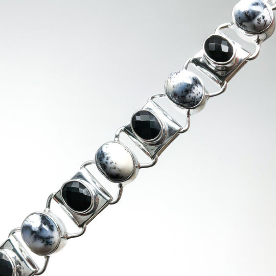 Dendritic Opal and Black Onyx Sterling Silver Bracelet