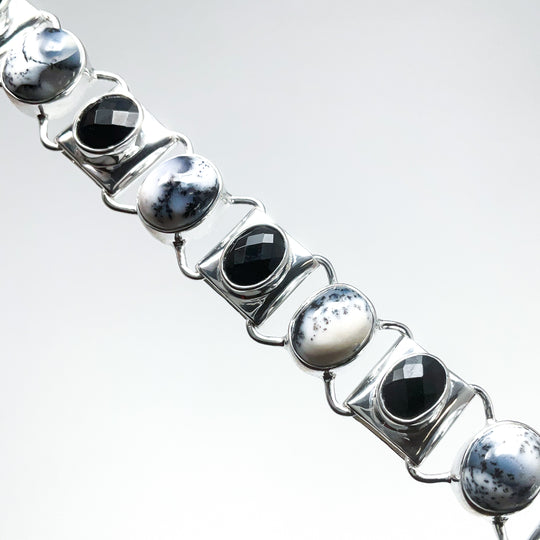 Dendritic Opal and Black Onyx Sterling Silver Bracelet