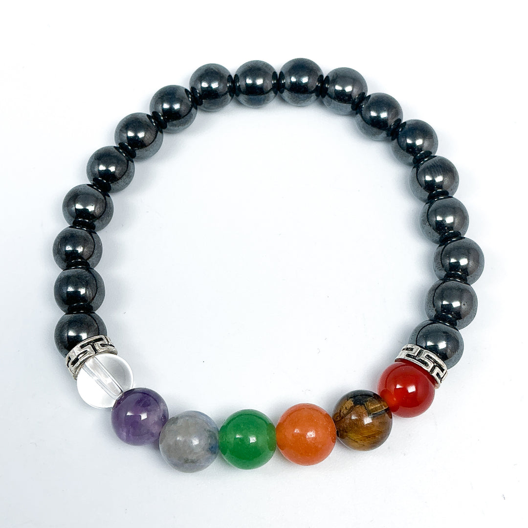 Hematite Beaded Bracelet with Chakra Beads - Rocks and Gems Canada