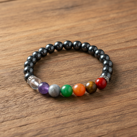 Hematite Beaded Bracelet with Chakra Beads - Rocks and Gems Canada