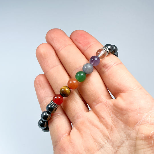 Hematite Beaded Bracelet with Chakra Beads - Rocks and Gems Canada