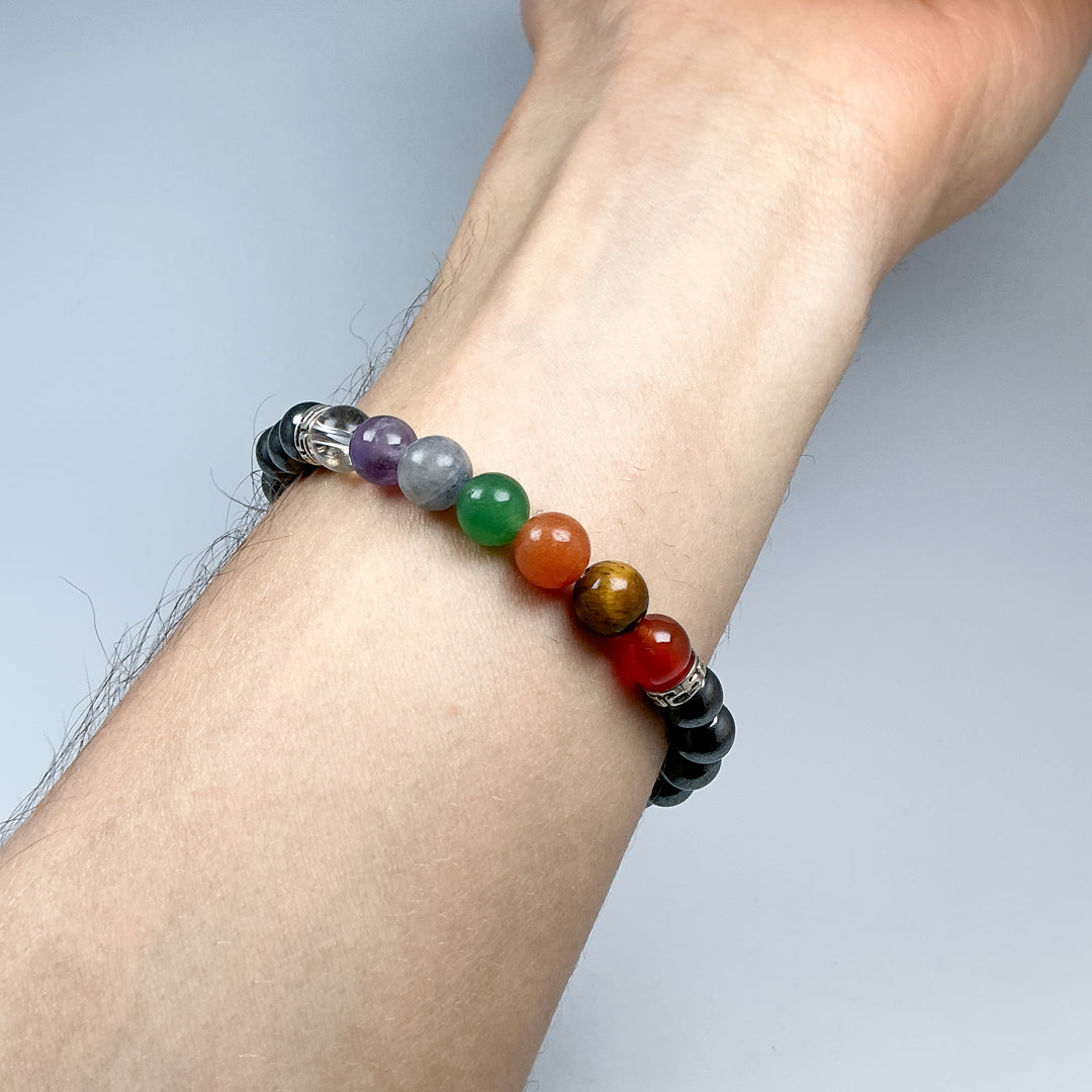 Hematite Beaded Bracelet with Chakra Beads - Rocks and Gems Canada