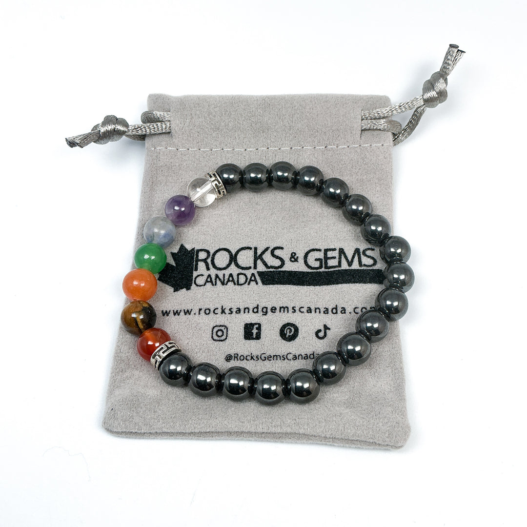 Hematite Beaded Bracelet with Chakra Beads - Rocks and Gems Canada