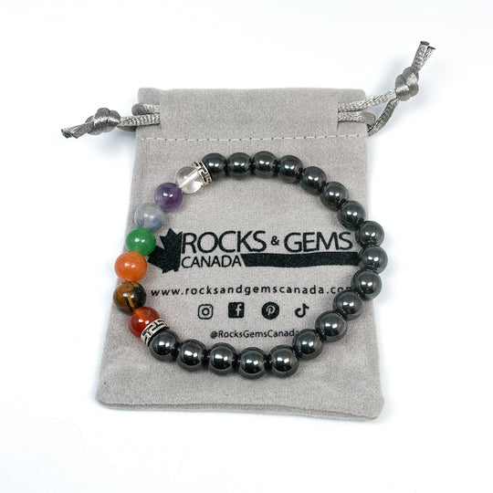 Hematite Beaded Bracelet with Chakra Beads - Rocks and Gems Canada